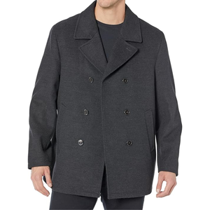 A dark gray, double-breasted peacoat with a classic design, featuring three pairs of buttons, a wide lapel collar, and side pockets.