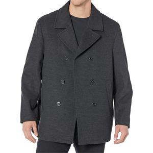 A dark gray, double-breasted peacoat with a classic design, featuring three pairs of buttons, a wide lapel collar, and side pockets.