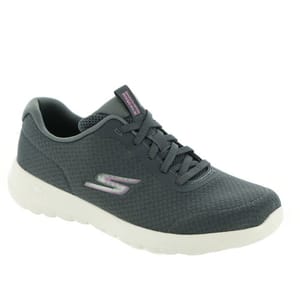 A gray Skechers Slip-In walking shoe with a white cushioned sole, lace-up design, and the Skechers logo on the side. It features a breathable mesh upper and a relaxed fit for comfort.