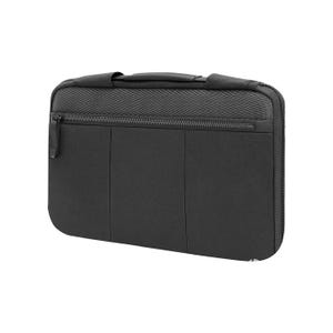 A black HP laptop sleeve for a 14-inch device with a textured design on one half and a smooth finish on the other, featuring a side zipper.