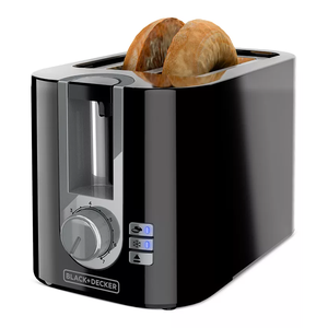 Two slices of bread in a stainless steel BLACK+DECKER toaster.