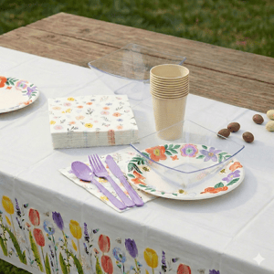 A table setting includes floral-patterned paper plates, napkins, and a tablecloth, alongside translucent plastic bowls, lavender plastic cutlery, and stacked beige cups, set outdoors.