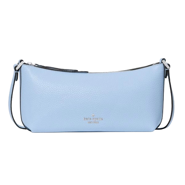 A light blue Kate Spade New York shoulder bag with a pebbled texture and a slim, rectangular shape.