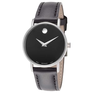 The Movado Women's Museum Watch features a minimalist black dial with a single silver dot at 12 o'clock, silver hour and minute hands, a stainless steel case, and a black leather strap.