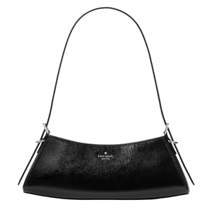 A black Kate Spade New York shoulder bag with a sleek, rectangular shape and a single strap, featuring subtle branding on the front.