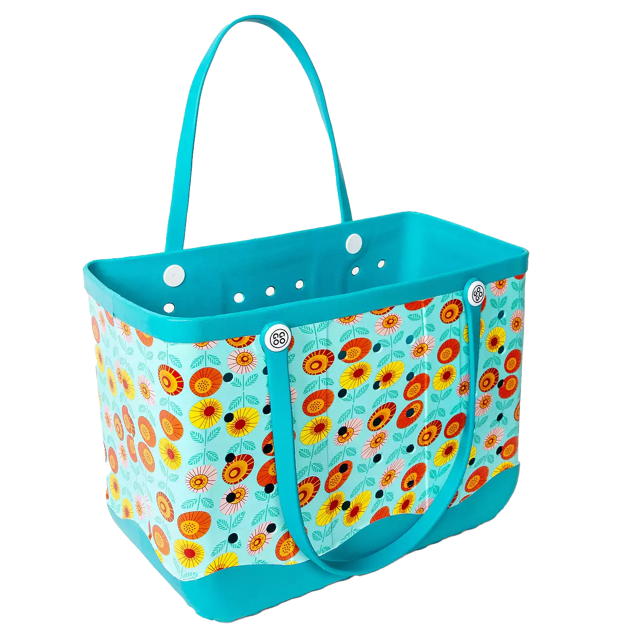 A turquoise tote with floral patterns, featuring yellow and orange flowers. It has sturdy handles and multiple ventilation holes on the upper part for breathability.