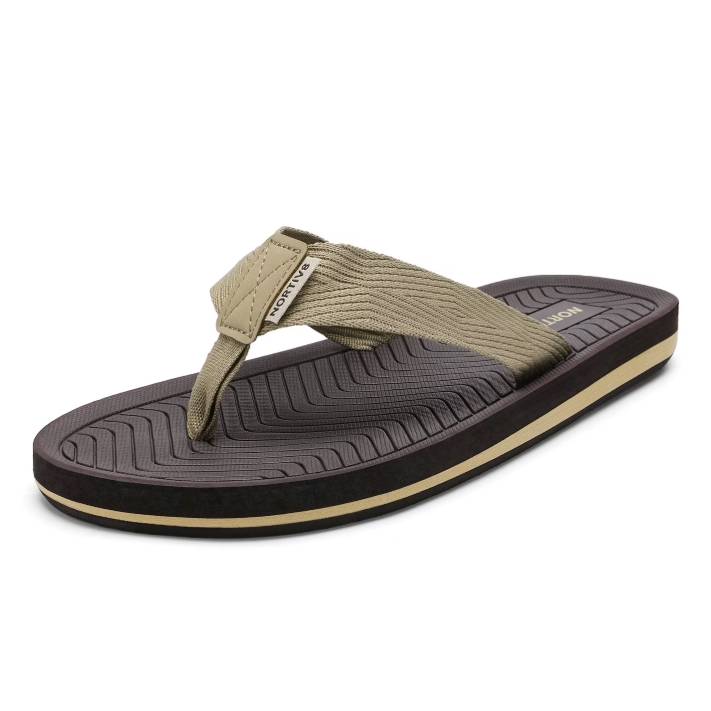 A single flip-flop sandal with a textured brown sole and a wide beige strap. The brand name \“Nortiv8\“ is visible on the strap.