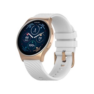 The Motorola Moto Watch 120 features a sleek design with a rose gold case and a white silicone strap. The round smartwatch display shows health metrics like heart rate, battery life, date, and step count.