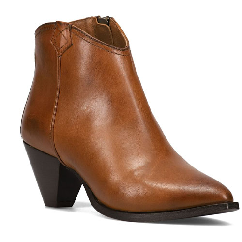 A brown leather ankle boot with a pointed toe and a low, angled block heel, featuring a side zipper for easy wear.