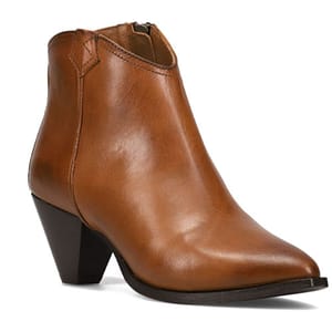 A brown leather ankle boot with a pointed toe and a low, angled block heel, featuring a side zipper for easy wear.