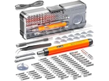 Electric precision screwdriver set with various bits, tweezers, pry tools, a suction cup, and a storage case, ideal for electronics repair.