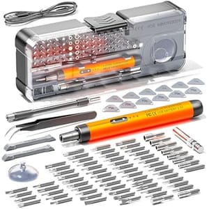 Electric precision screwdriver set with various bits, tweezers, pry tools, a suction cup, and a storage case, ideal for electronics repair.