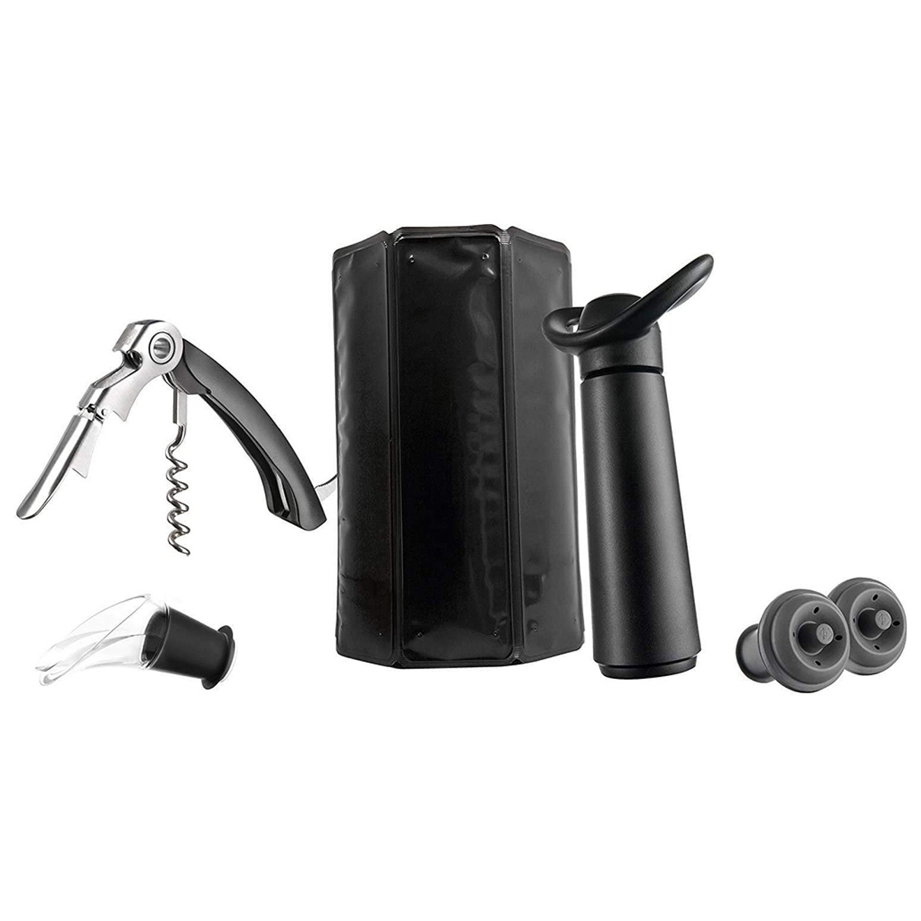 6pc Wine Gift Set includes a corkscrew, a foil cutter, a wine pourer, a vacuum pump, two stoppers, and a wine chiller sleeve, all in sleek black design.