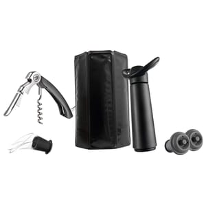 6pc Wine Gift Set includes a corkscrew, a foil cutter, a wine pourer, a vacuum pump, two stoppers, and a wine chiller sleeve, all in sleek black design.