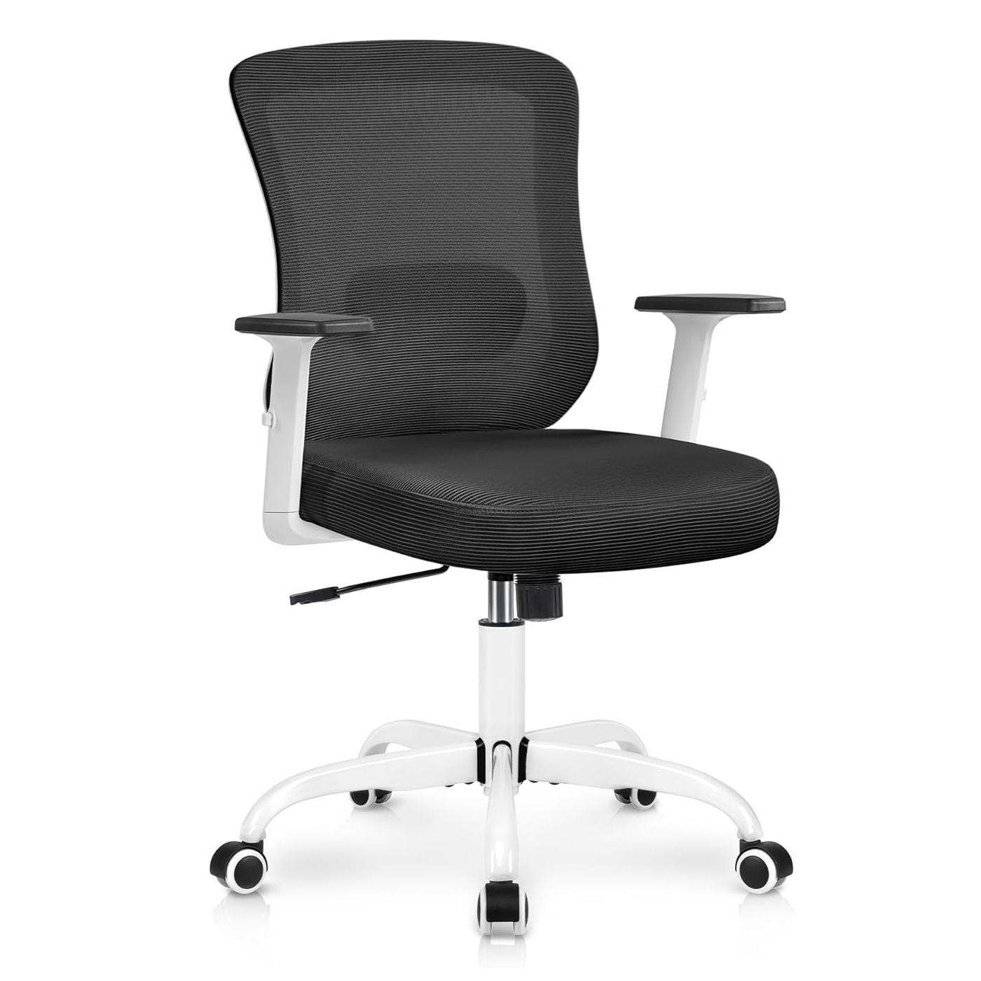 Winrise Ergonomic Office Chair features a black mesh backrest, cushioned seat, adjustable armrests, white frame, and five caster wheels on a swivel base, offering mobility and comfort.