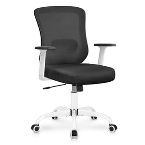 Winrise Ergonomic Office Chair features a black mesh backrest, cushioned seat, adjustable armrests, white frame, and five caster wheels on a swivel base, offering mobility and comfort.