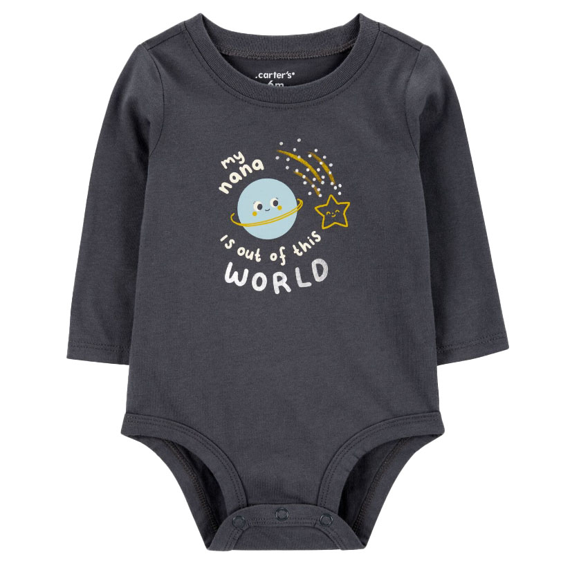 Dark gray long-sleeve baby bodysuit featuring a cute planet, star, and shooting stars design with the text \“my nana is out of this world.\“ Snap closures at the bottom for easy dressing.