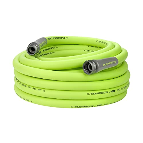 A coiled bright green garden hose with secure black and silver fittings on both ends.