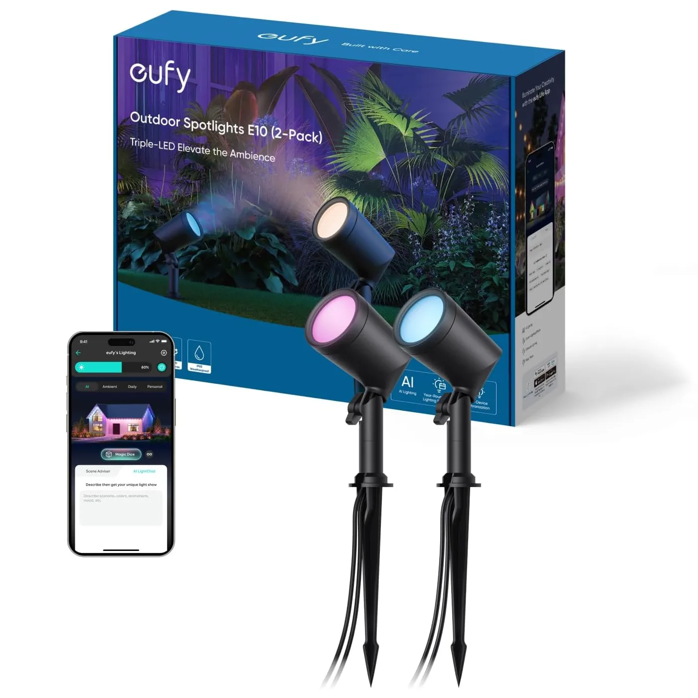 Two Eufy Outdoor Spotlights ED2 with smartphone app control are displayed, showing LED lights in different colors, suitable for enhancing outdoor ambience.