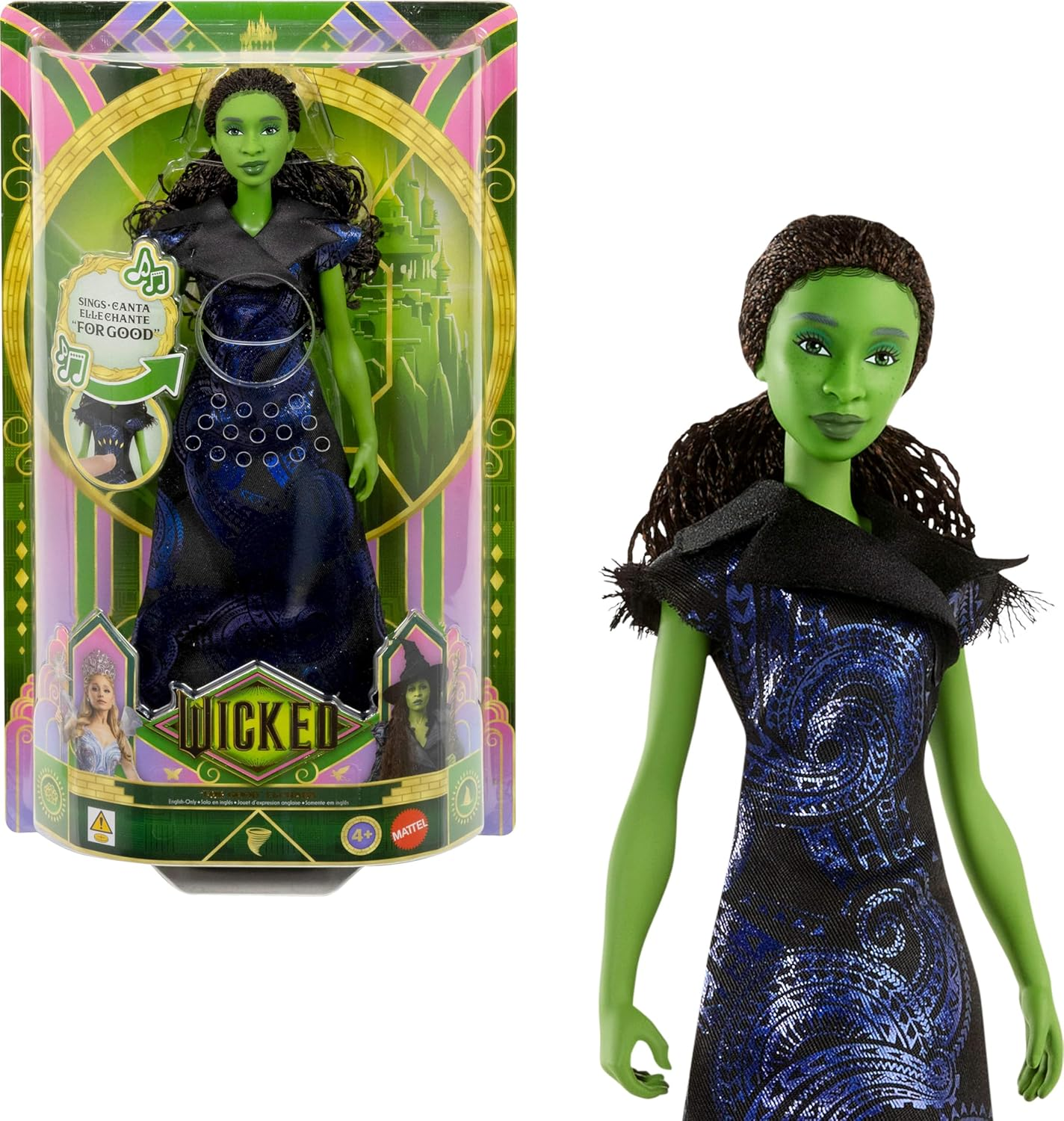 Wicked-themed doll with green skin, wearing a black and blue dress. Comes in packaging featuring the musical's logo and includes the ability to sing \“For Good.\“