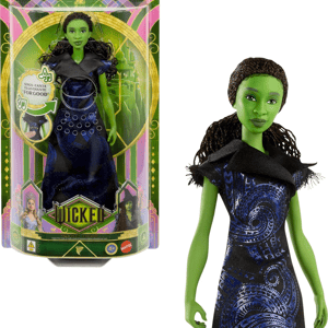 Wicked-themed doll with green skin, wearing a black and blue dress. Comes in packaging featuring the musical's logo and includes the ability to sing \“For Good.\“