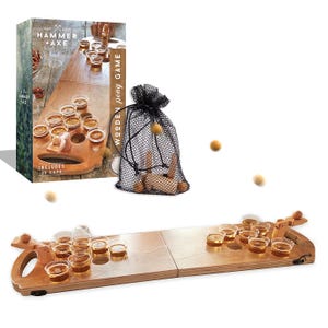 Wooden Pong Game with a long, narrow playing board featuring cup indentations, includes 12 glasses and a mesh bag with ping pong balls.