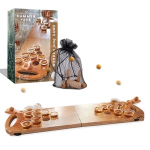 Wooden Pong Game with a long, narrow playing board featuring cup indentations, includes 12 glasses and a mesh bag with ping pong balls.