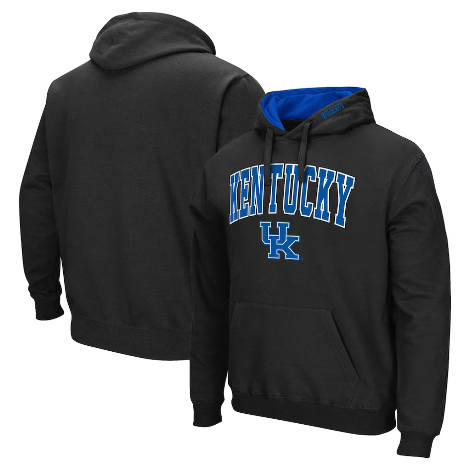 Black hoodie with \“KENTUCKY\“ in bold blue and white letters across the chest and \“UK\“ logo beneath. Features a blue inner hood lining, front pocket, and drawstring hood.