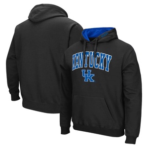 Black hoodie with \“KENTUCKY\“ in bold blue and white letters across the chest and \“UK\“ logo beneath. Features a blue inner hood lining, front pocket, and drawstring hood.