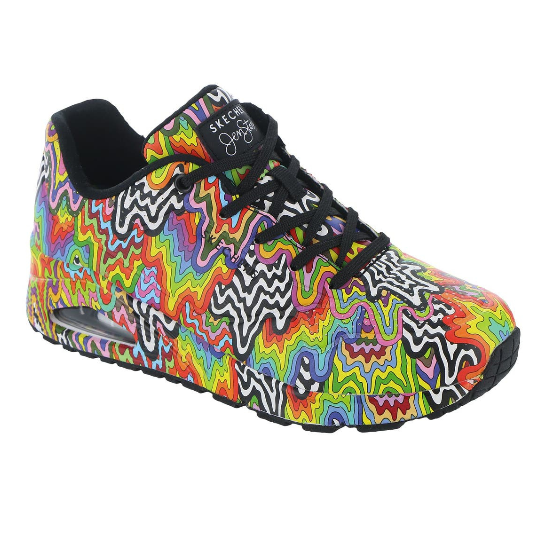 A colorful sneaker with vibrant, wavy, abstract patterns and black laces, featuring the Skechers logo.