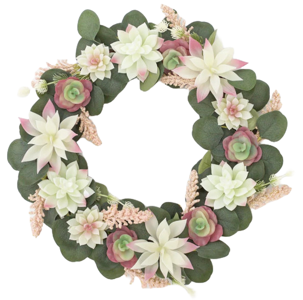 A wreath made of faux succulents and greenery features white and pink flowers, with green leaves and pink accents, arranged in a circular pattern.