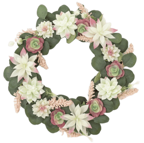 A wreath made of faux succulents and greenery features white and pink flowers, with green leaves and pink accents, arranged in a circular pattern.