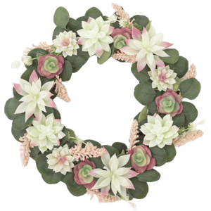 A wreath made of faux succulents and greenery features white and pink flowers, with green leaves and pink accents, arranged in a circular pattern.