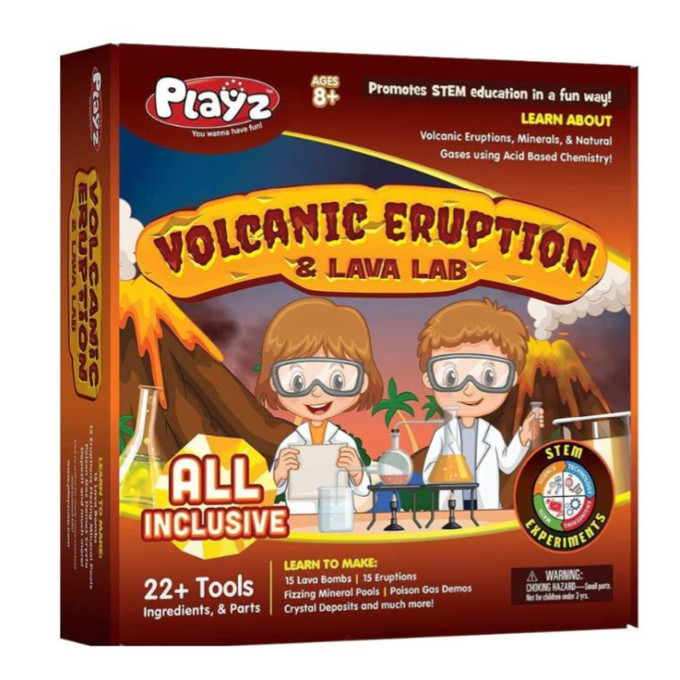Playz Volcanic Eruption & Lava Lab is a STEM educational kit for ages 8+, featuring 22+ tools and ingredients for activities like making lava bombs, eruptions, and mineral pools.