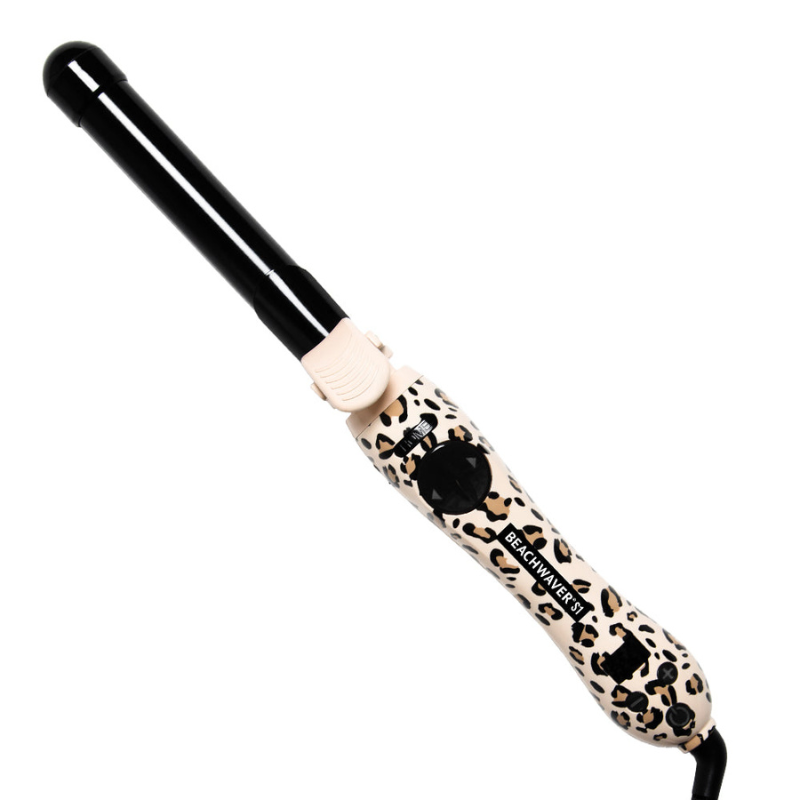 A leopard print curling iron with a black barrel and adjustable controls, branded as Beachwaver S1.