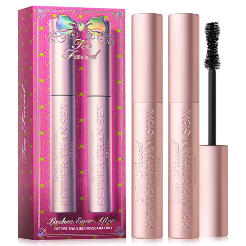 Too Faced \“Better Than Sex\“ mascara set featuring two pink tubes and a decorative box with butterflies.