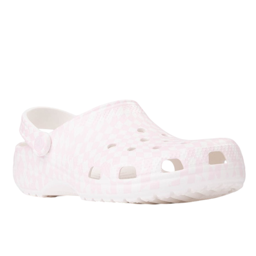 Light pink checkered clog with ventilation holes and a heel strap for secure fit.