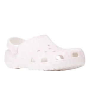 Light pink checkered clog with ventilation holes and a heel strap for secure fit.