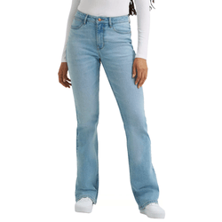 Light blue, high-waisted flare jeans paired with a white long-sleeve top and white sneakers.
