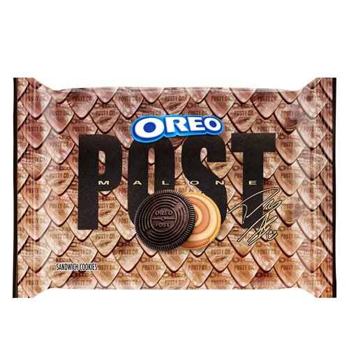 Post Malone Oreo Cookies feature a signature design with \“POST\“ branding and a blend of chocolate and vanilla sandwich cookies. The packaging displays a pattern and includes Post Malone's autograph.