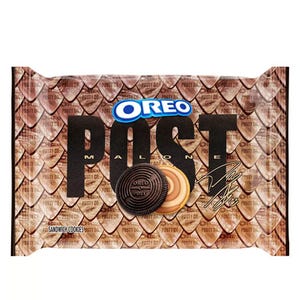 Post Malone Oreo Cookies feature a signature design with \“POST\“ branding and a blend of chocolate and vanilla sandwich cookies. The packaging displays a pattern and includes Post Malone's autograph.