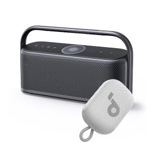 Two portable speakers are shown: a large black speaker with a handle, focusing on design and control features, and a smaller, white, compact speaker with a loop for portability, featuring an icon at the center.