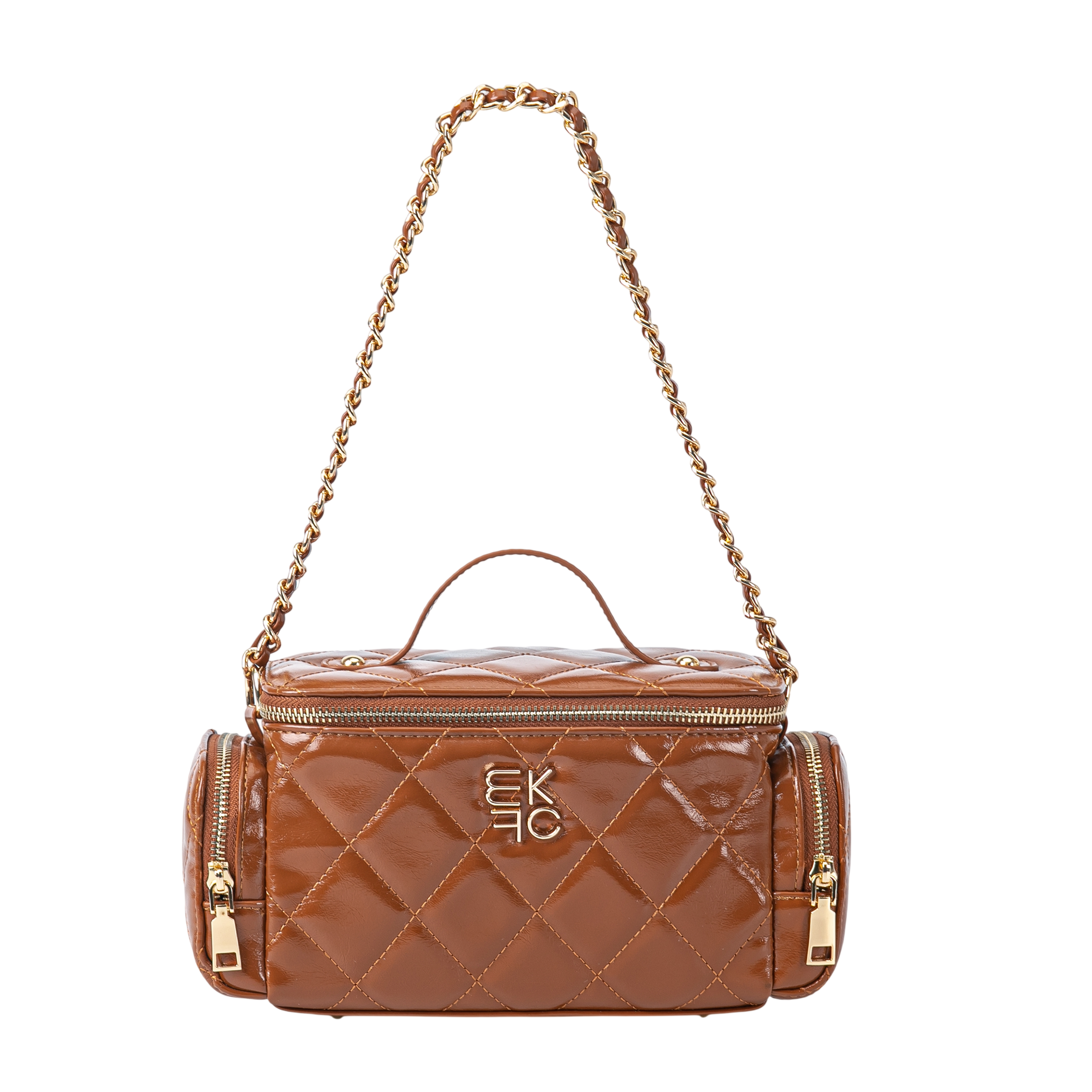 Brown quilted leather handbag with a gold chain strap and gold zip accents, featuring a logo on the front.