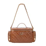 Brown quilted leather handbag with a gold chain strap and gold zip accents, featuring a logo on the front.