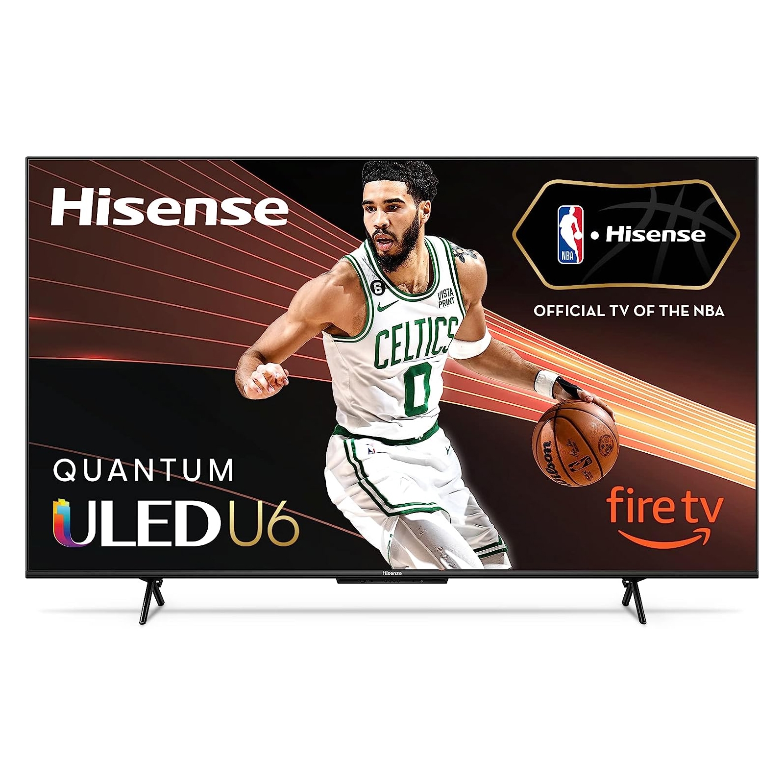 Hisense Quantum ULED U6 television featuring Fire TV and a basketball player on the display.