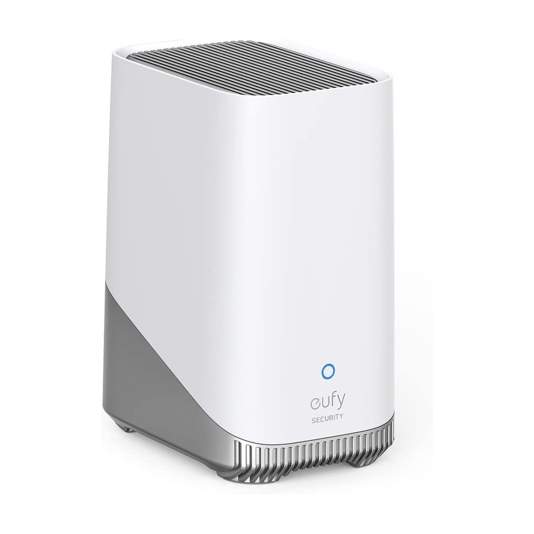 A sleek, white Eufy Security device with a gray base, featuring a vented top and a blue indicator light.
