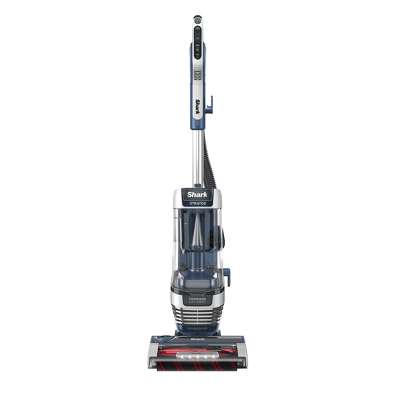 Shark Stratos upright vacuum cleaner with a transparent dustbin and a red and black brush roll.