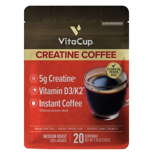 VitaCup Creatine Coffee is an instant medium roast coffee with 5g of creatine, Vitamin D3/K2, and claims to support brain function, energy production, and bone strength. Contains 20 servings and is 100% Arabica.