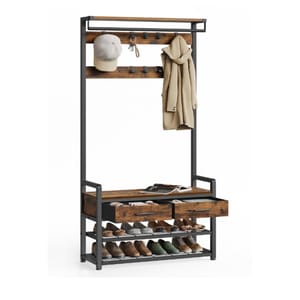A hall tree with a sturdy metal frame and rustic wood accents featuring various hooks for hanging items, a top shelf, a bench with two drawers, and three shoe storage tiers.