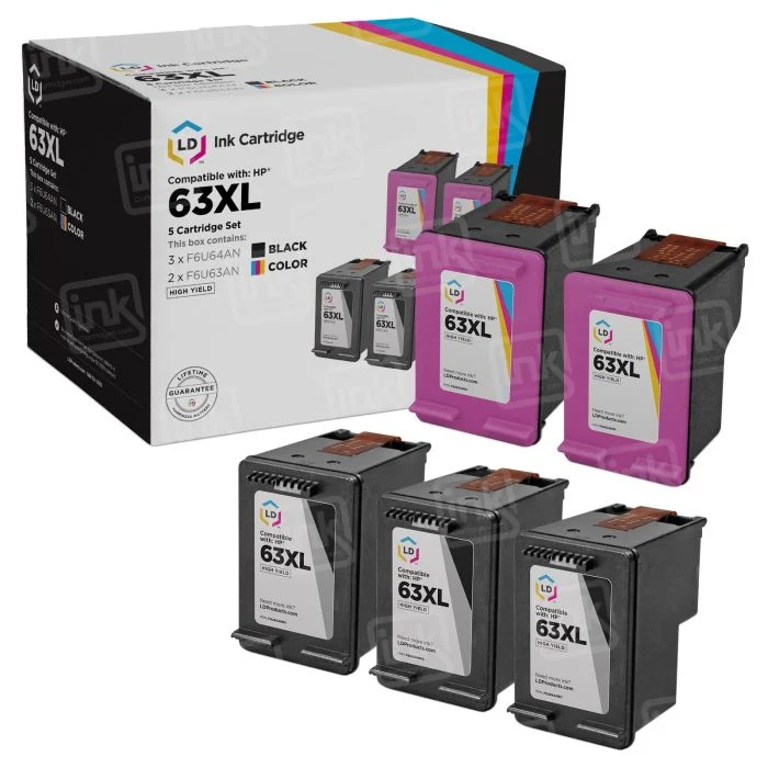 LD Ink Cartridge 63XL set, compatible with HP printers, includes 3 black (F6U64AN) and 2 color (F6U63AN) cartridges, high yield.